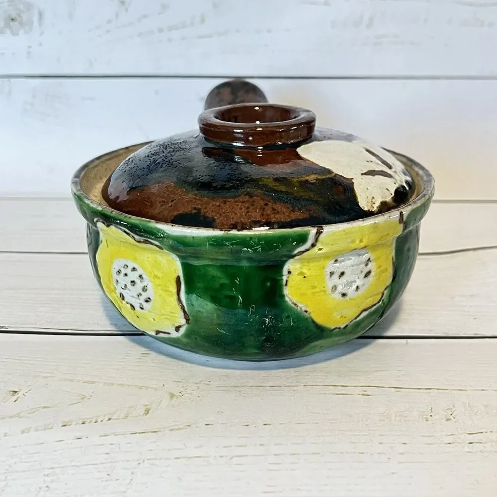Mexican Lidded Handled Sopera Pottery Bowl Glazed Greens Browns Cream Handmade